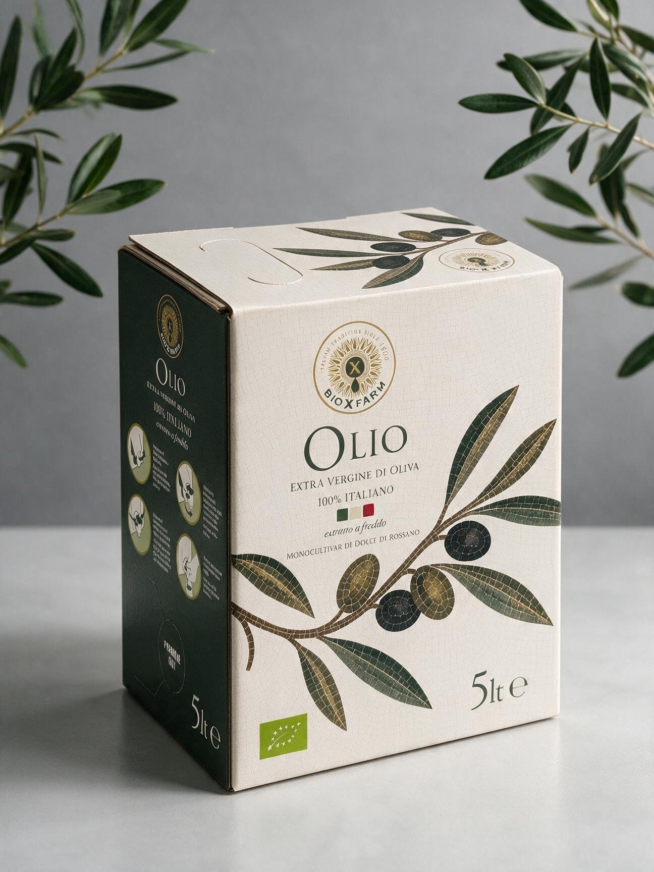 Bag in Box by BioXFarm framed by olive leaves
