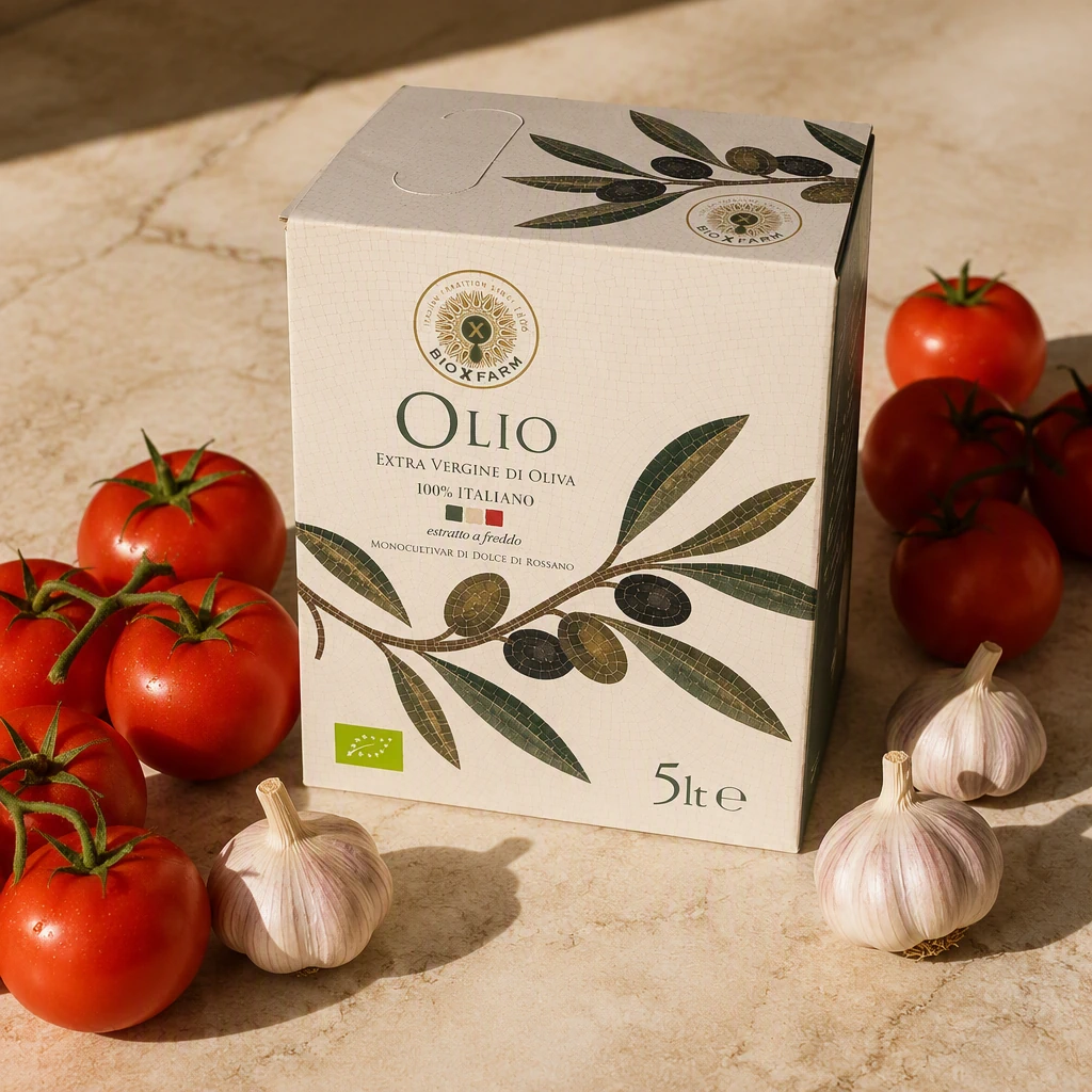 Bag in Box by BioXFarm with tomatoes and garlic